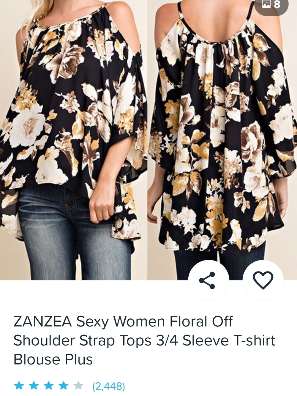 3/$20 ZANZEA Black Floral Cold-Shoulder Blouse